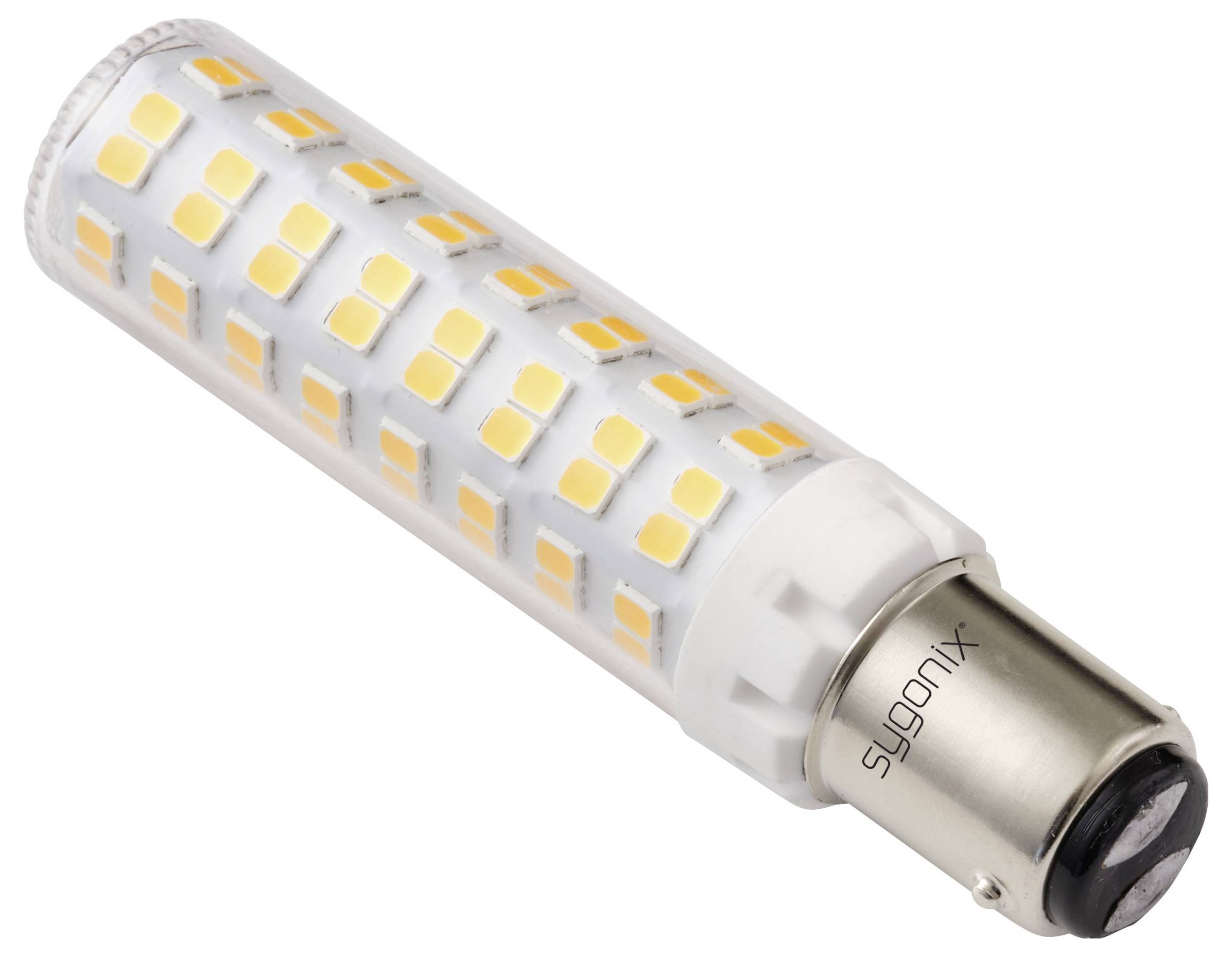 Eine zylindrische LED-Glühbirne mit zahlreichen kleinen orangen LEDs, die in einem transparenten Gehäuse eingebettet ist, mit der Aufschrift "sygonix" auf ihrer Metallbasis.