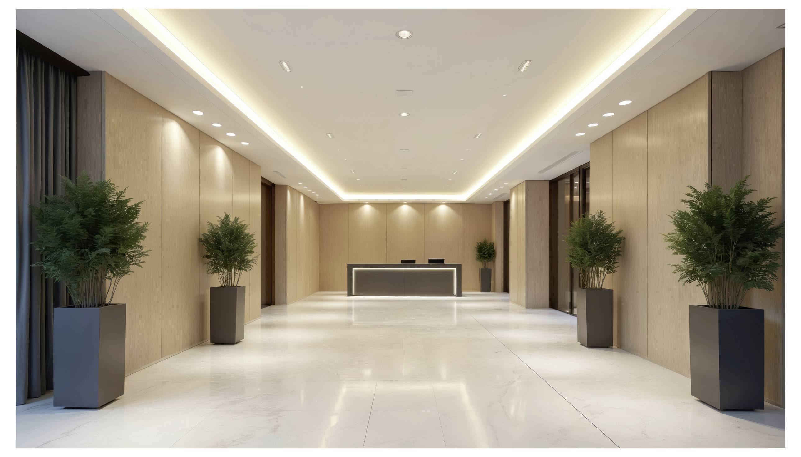 Eine moderne, geräumige Lobby mit einem eleganten Empfangstresen in der Mitte und hohen Topfpflanzen auf beiden Seiten, ausgestattet mit elegantem Licht.