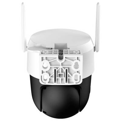 Eine schwarz-weiße Außensicherheitskamera mit Halterung, entwickelt für drahtlose Verbindungen und ausgestattet mit zwei Antennen zur Signalerfassung.