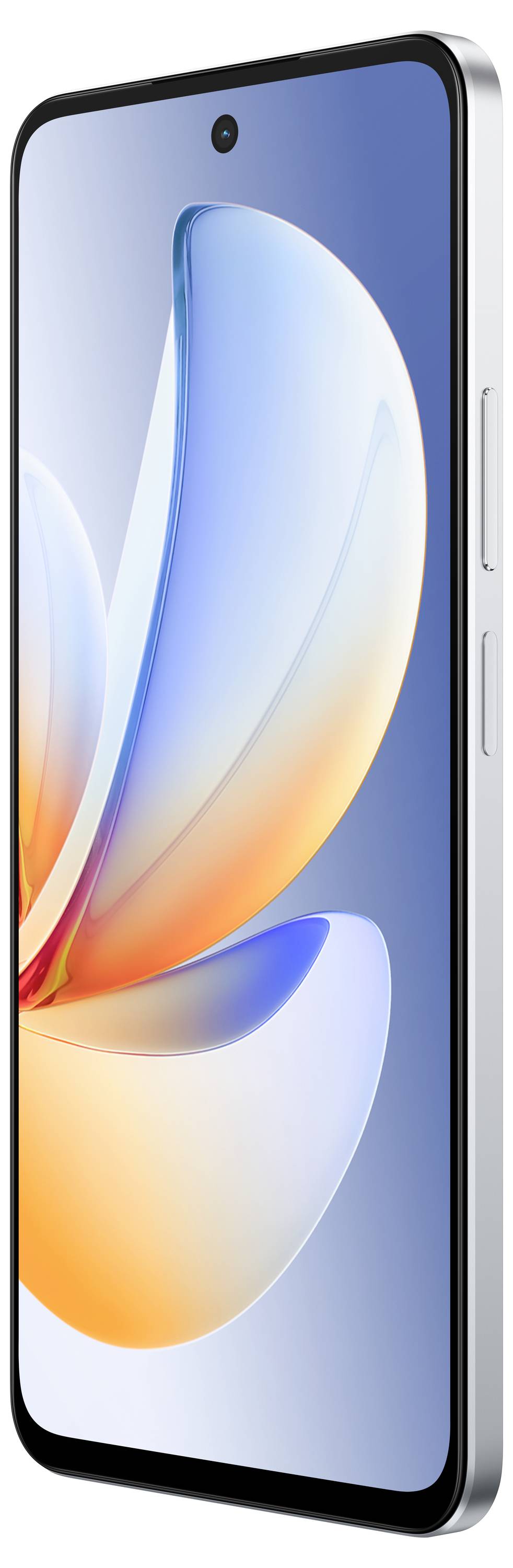 Ein Smartphone mit einem schlanken Randdesign, das einen lebendigen abstrakten Hintergrund mit blauen und orangefarbenen Tönen auf seinem Display präsentiert.