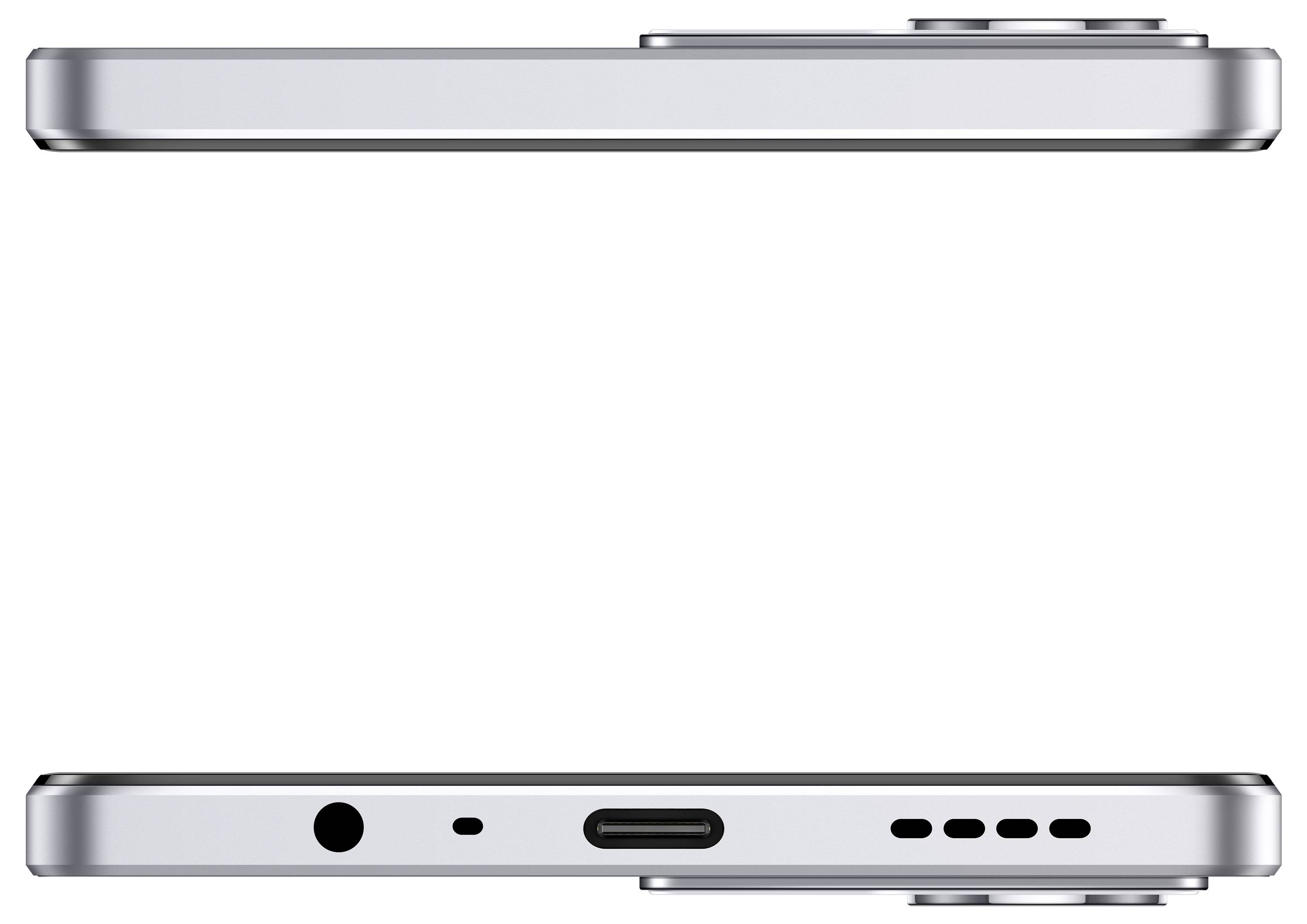 Seitenansicht eines silbernen Smartphones mit sichtbarem Kameramodul an der Oberseite und Ladeanschluss, Kopfhörerbuchse und Lautsprecheröffnungen am unteren Ende.