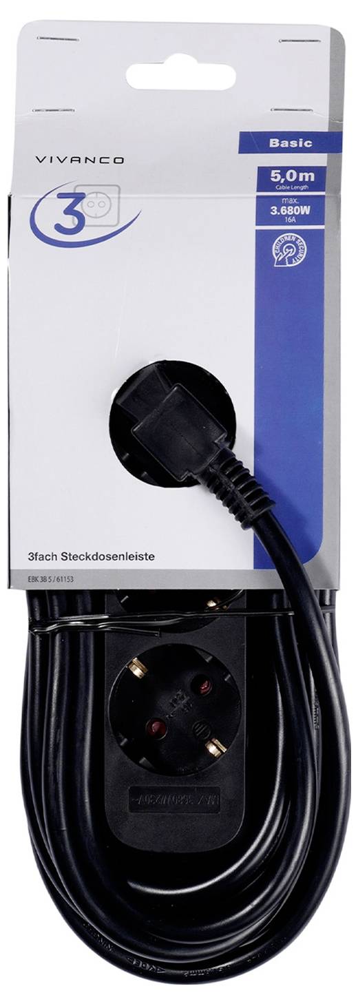 'Vivanco Basic' 5-Meter-Steckdosenleiste in Schwarz mit 3 Steckdosen und gewinkeltem Stecker, vertikal verpackt.