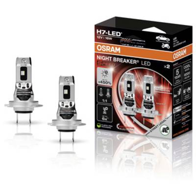 Schachtel der 'OSRAM Night Breaker LED' Autoscheinwerferbirnen neben zwei einzelnen Birnen. Verpackung hebt Leistung und Lebensdauer hervor.