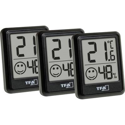 Drei digitale Thermometer zeigen eine Temperatur von 21°C mit verschiedenen Dezimaleinstellungen (21°C, 21,6°C) und Luftfeuchtigkeitswerten von 48% und 49%.
