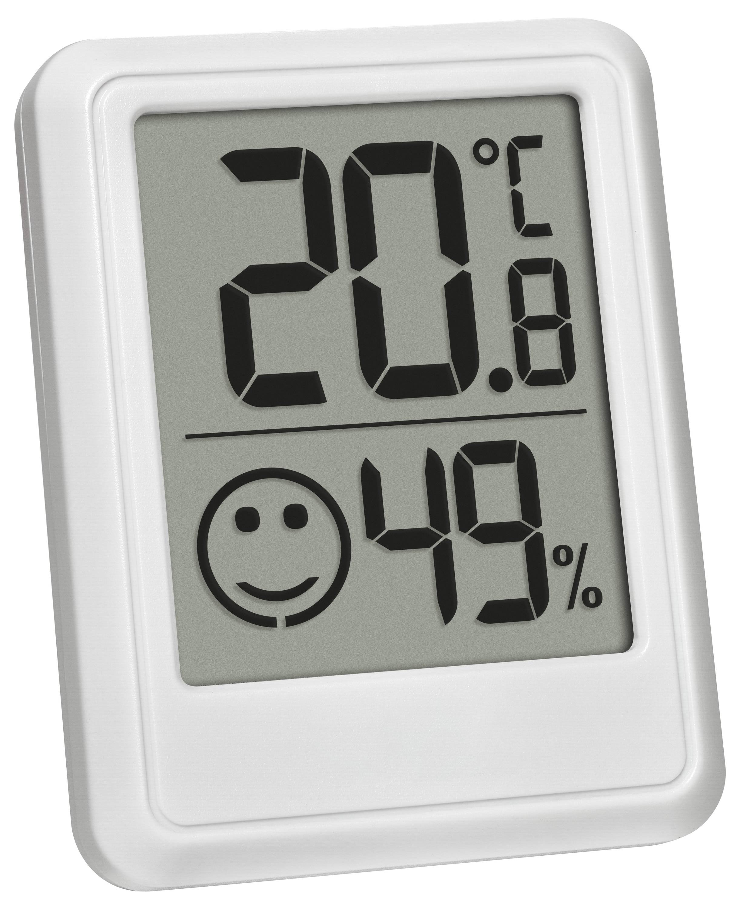 Digitales Hygrometer zeigt '20,8°C' Temperatur und '49%' Luftfeuchtigkeit mit einem Smiley-Gesicht neben dem Prozentzeichen.