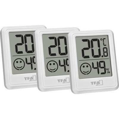 Drei digitale Thermometer, die '20°C' anzeigen, mit unterschiedlichen Luftfeuchtigkeitswerten: 46%, 45% und 49%. Jedes Display enthält ein lächelndes Gesichtssymbol.