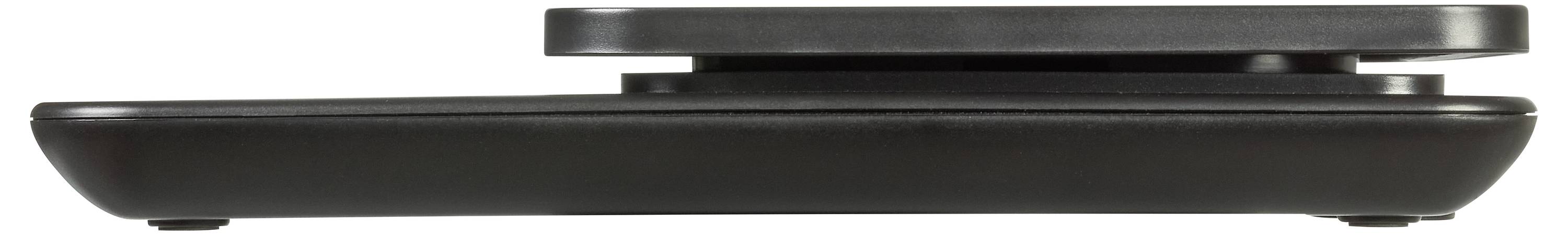 Ein schwarzes kabelloses Ladegerät, von der Seite betrachtet, mit seinem schlanken Profil.