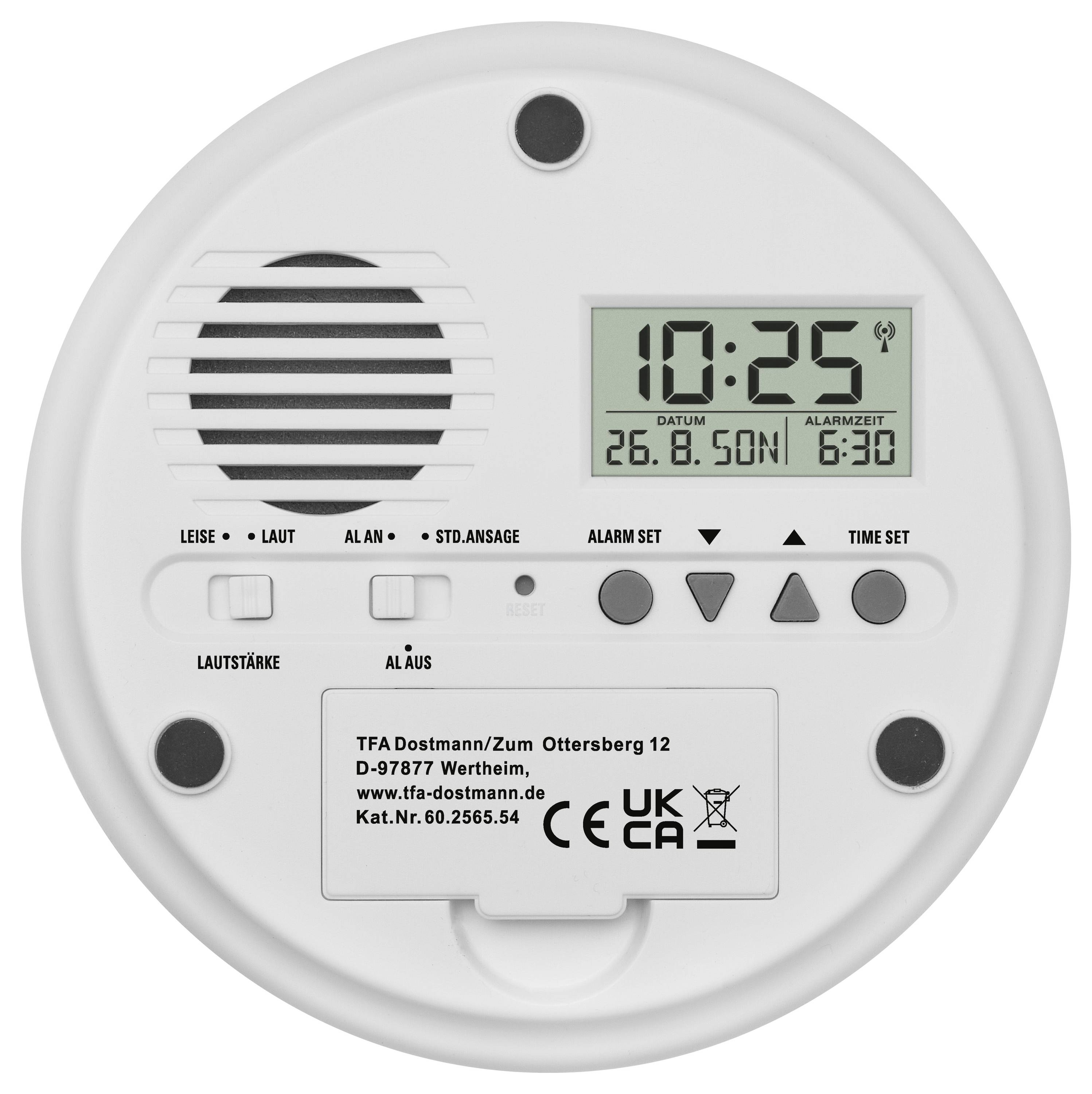 Eine runde weiße Alarmanlage mit digitaler Anzeige zeigt '10:25' und 'Alarm eingestellt: 6:30'. Tasten für Einstellungen und Lautsprecher sind sichtbar.