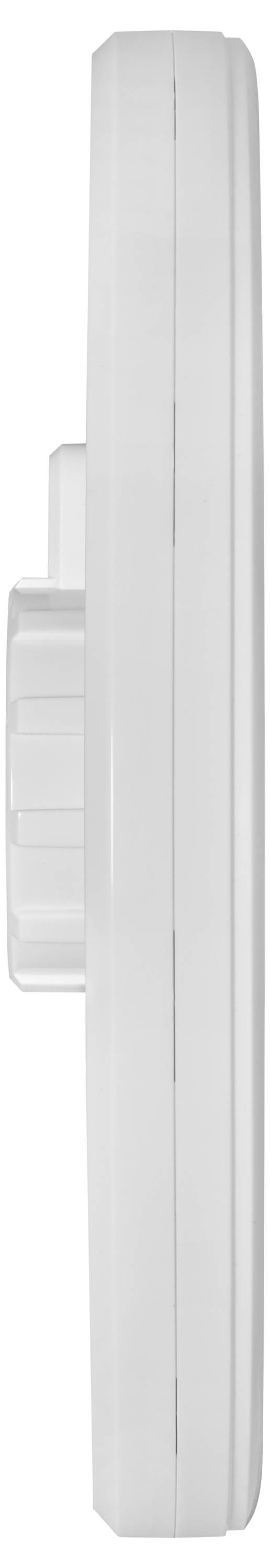 Seitenansicht eines runden, weißen Rauchmelders mit einem zentralen Knopf und einer gerippten Kante, typischerweise zur Brandschutzüberwachung in Wohngebäuden verwendet.