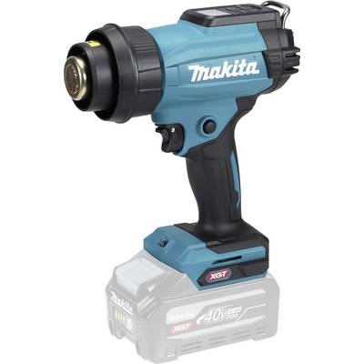 Ein blauer und schwarzer Makita XGT Heißluftpistole-Werkzeug wird präsentiert. Das Werkzeug verfügt über ein digitales Display und einen Griffhalter und ist für professionellen Einsatz konzipiert.