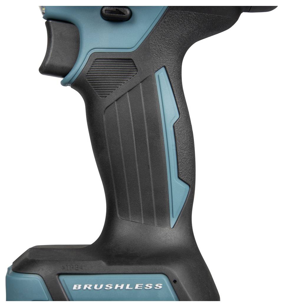 Eine Nahaufnahme des Griffs eines türkisfarbenen und schwarzen Elektrowerkzeugs mit der Bezeichnung „BRUSHLESS", das eine strukturierte Griffoberfläche und ein Auslösedesign zeigt.