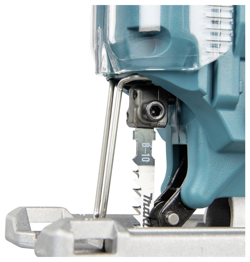 Ein Nahaufnahmebild einer Stichsäge, das ihr Sägeblatt und die Schutzvorrichtung zeigt und die Merkmale für präzises Schneiden und Sicherheit hervorhebt.