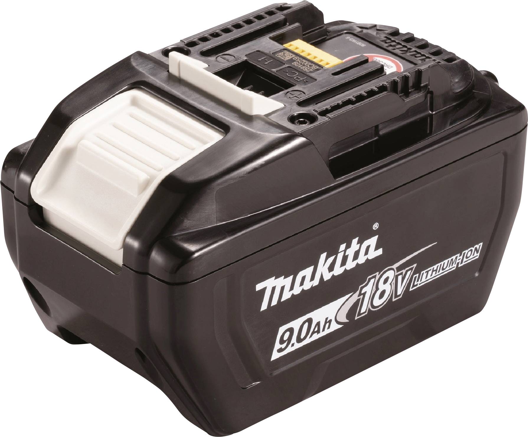 Ein Makita 18V 9,0Ah Lithium-Ionen-Akku für Elektrowerkzeuge mit kompaktem und robustem schwarzem Gehäuse und Branding.
