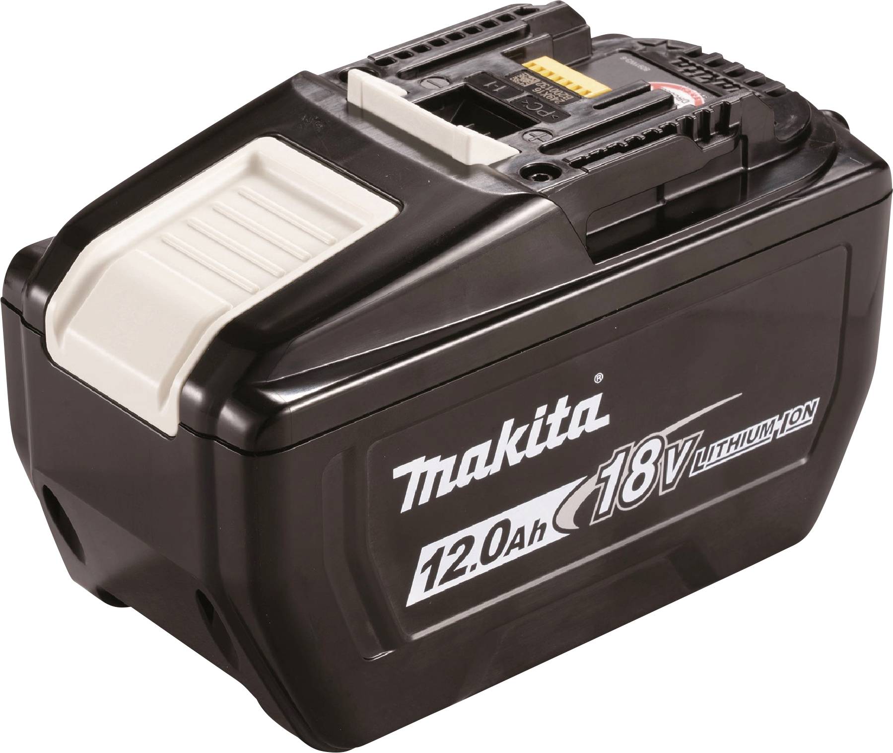 Makita 18V 12,0 Ah Lithium-Ionen Akku, schwarzes Gehäuse mit weißem Text, zeigt Akku-Details.