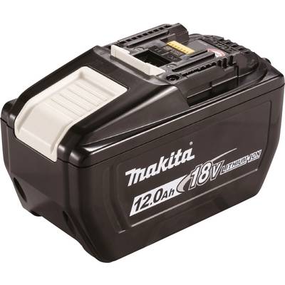 Makita 18V 12,0 Ah Lithium-Ionen Akku, schwarzes Gehäuse mit weißem Text, zeigt Akku-Details.