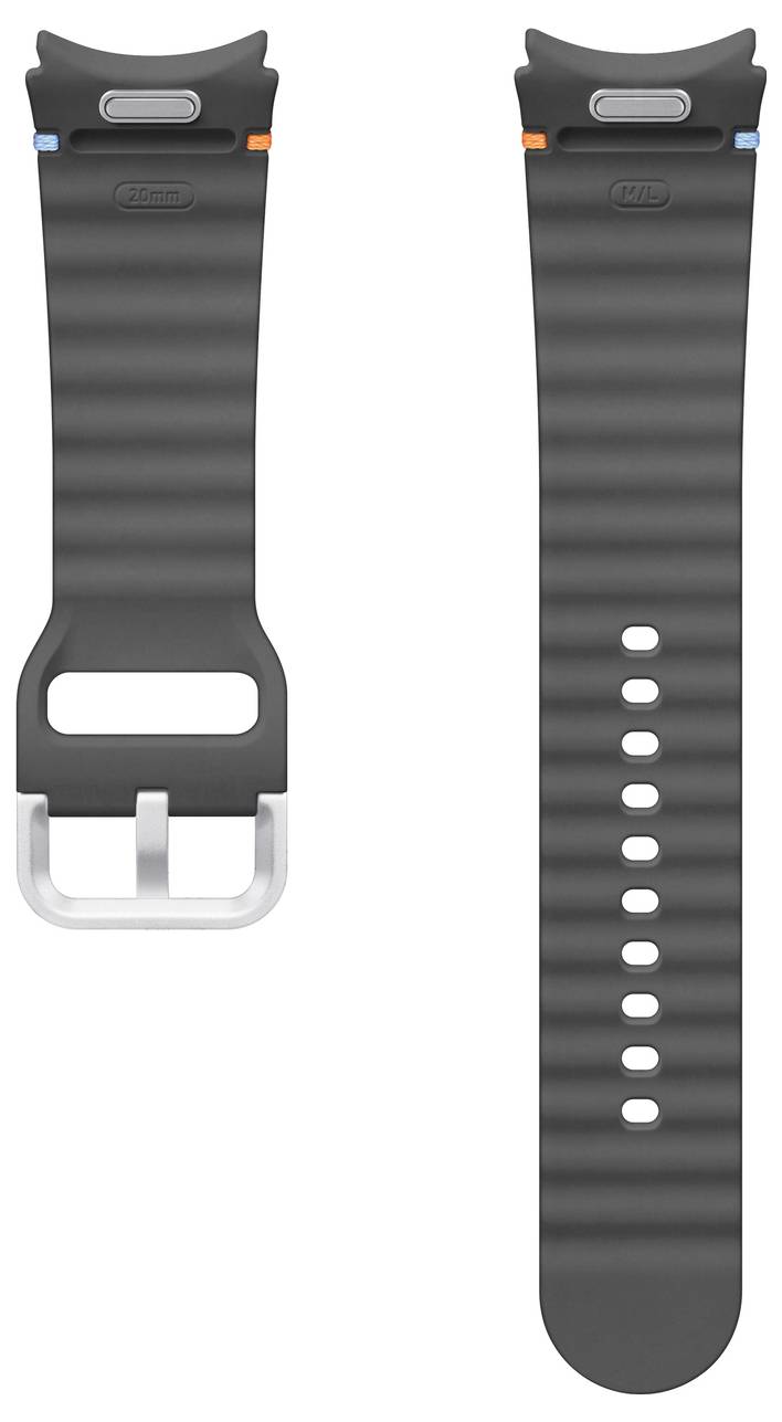 Schwarzes Smartwatch-Armband mit gerippter Textur, ein Teil mit einer Schnalle und das andere Teil mit verstellbaren Löchern, in einer Flachauflage gezeigt.