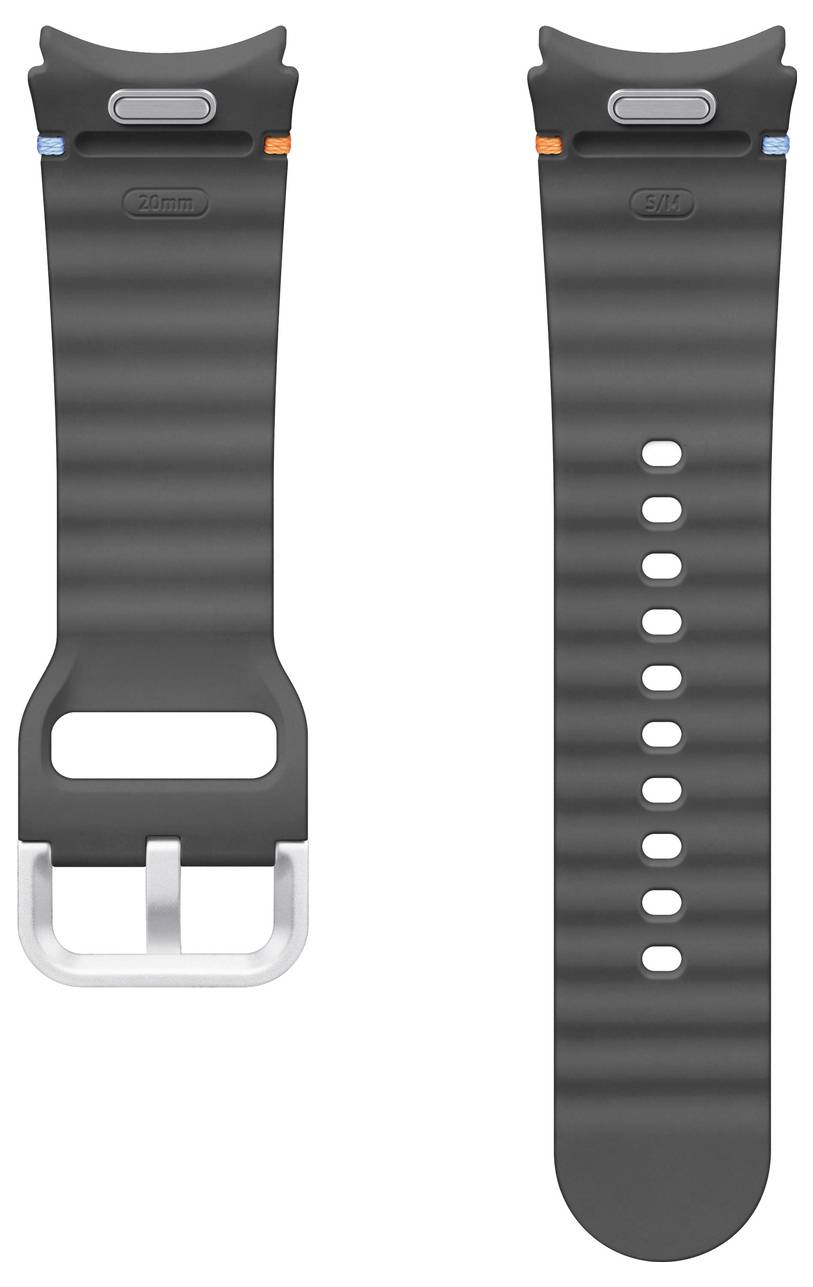 Schwarze Smartwatch-Armbänder; linkes Armband hat eine Schnalle und blaue/orangefarbene Markierungen, rechtes Armband hat Löcher und die gleichen Markierungen. Beide sind geriffelt.