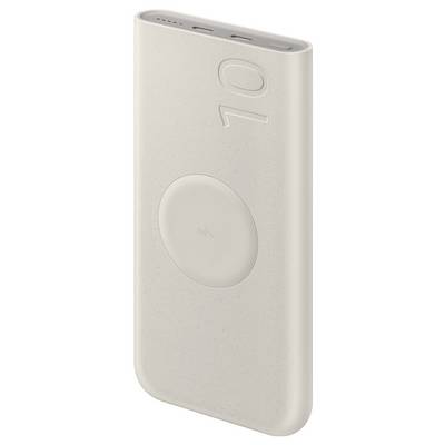 Eine schlanke, rechteckige beige Powerbank mit einer kabellosen Ladefläche, zwei USB-Anschlüssen oben und der Nummer „10" eingeprägt auf der Oberfläche.