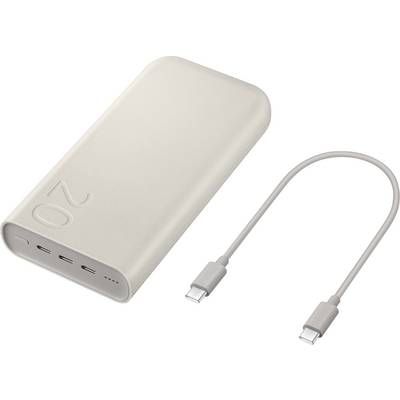 Eine beige tragbare Powerbank mit der Gravur „20" auf der Oberseite, zusammen mit einem kurzen USB-C-Kabel zum Aufladen von Geräten.