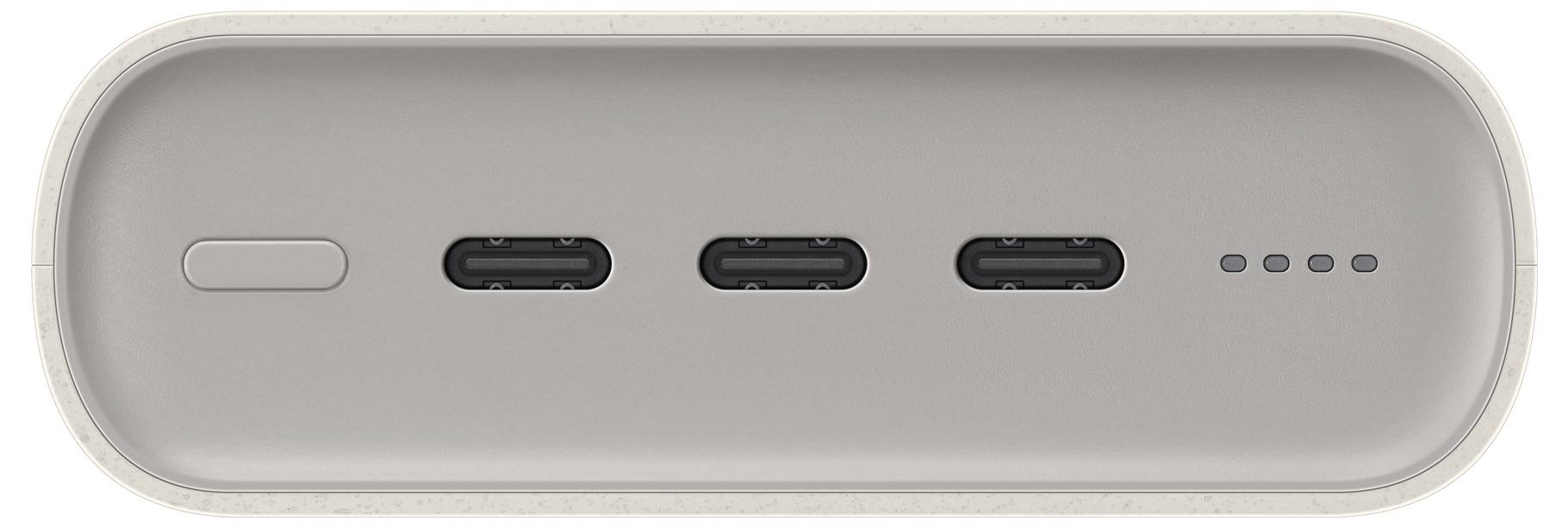 Ein USB-Hub mit vier USB-C-Anschlüssen, einem runden Knopf auf der linken Seite und fünf kleinen Anzeigelichtern auf der rechten Seite.