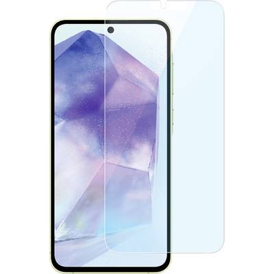 Ein Smartphone mit einem großen Display zeigt ein abstraktes, farbenfrohes geometrisches Design. Daneben liegt ein transparenter Displayschutz.
