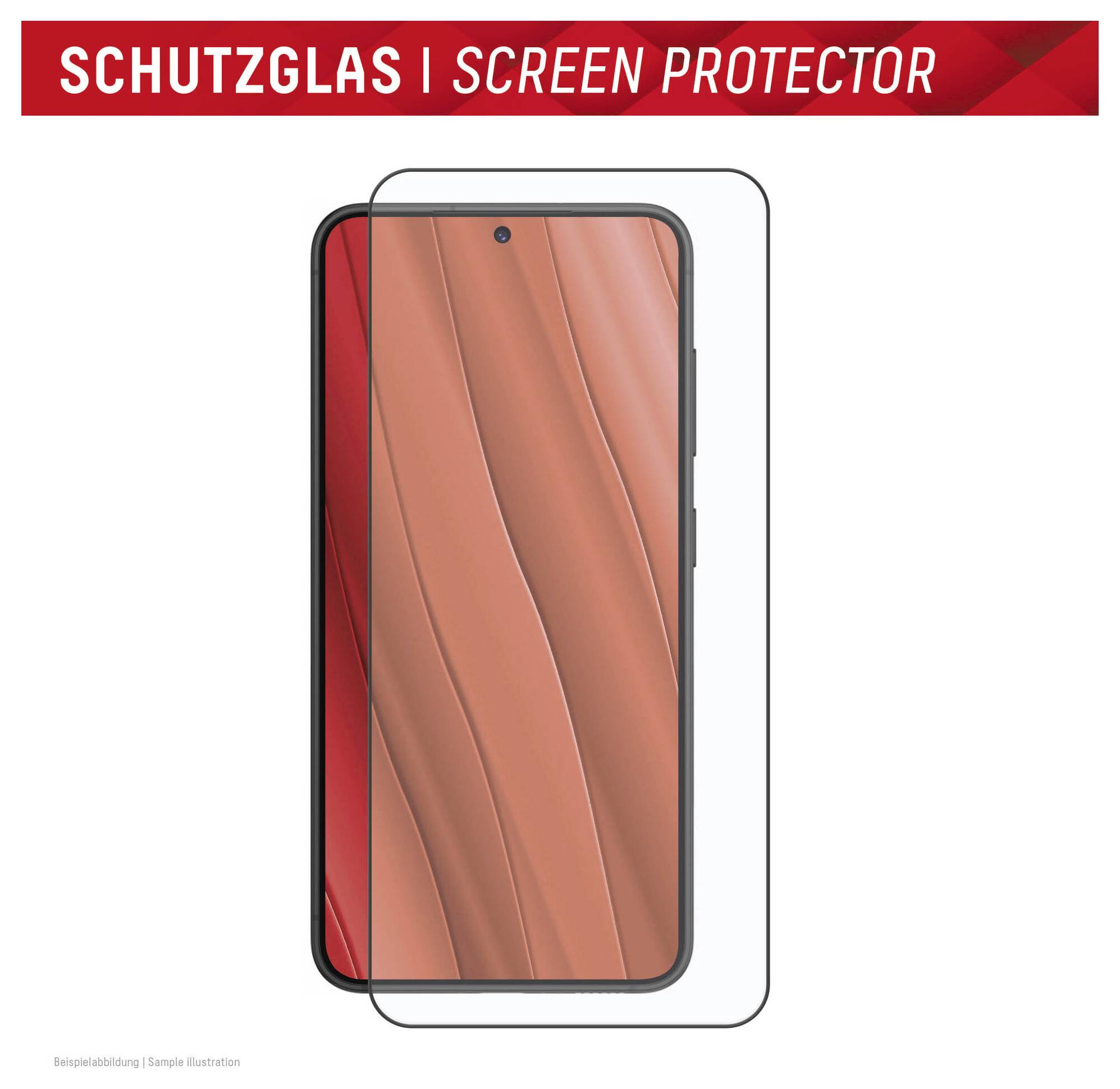Ein Displayschutz neben einem Smartphone auf rotem Hintergrund. Der Text lautet „SCHUTZGLAS | SCREEN PROTECTOR" und gibt die Produktart an.