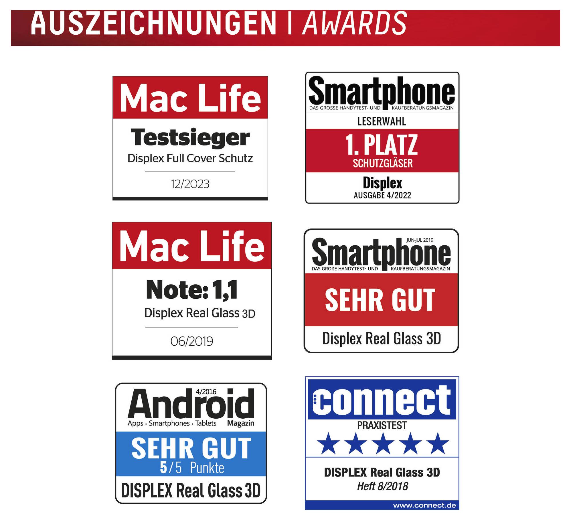 Auszeichnungsanzeige mit Preisen für Displex-Produkte von Mac Life, Smartphone, Android und Connect-Magazinen, wobei hohe Bewertungen hervorgehoben werden.