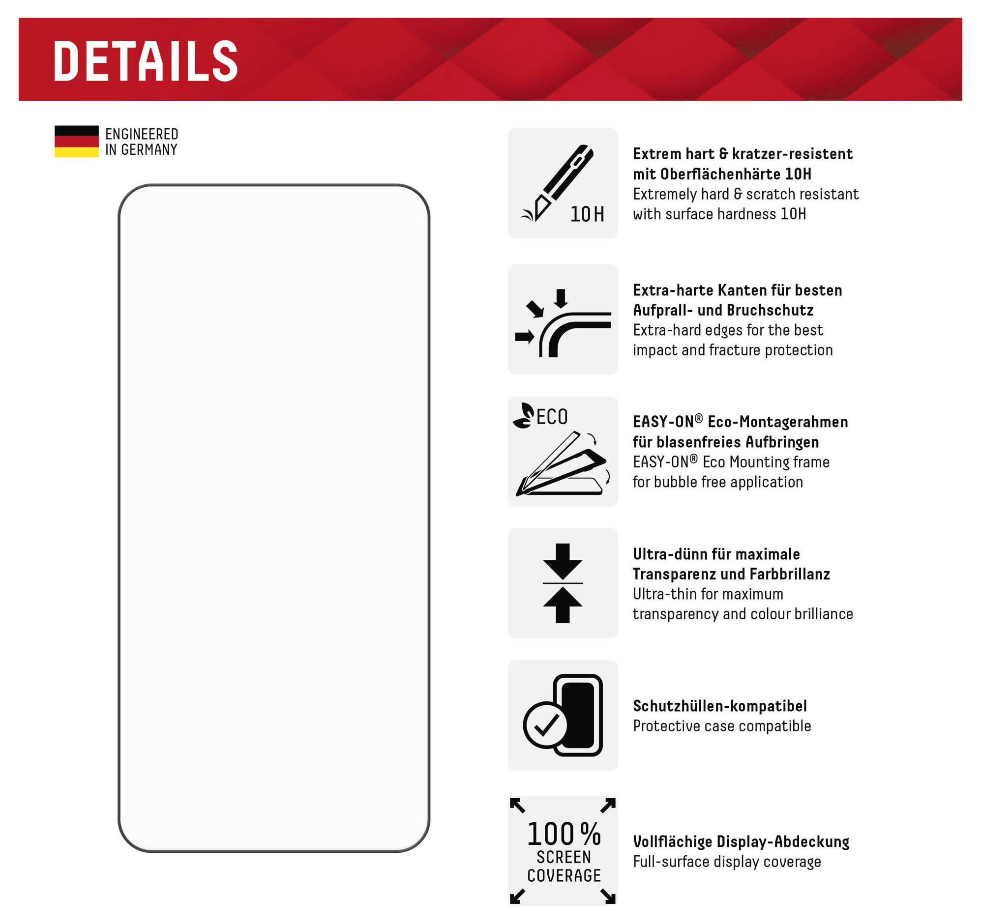 „Details" Text beschreibt einen Displayschutz: sehr hart und kratzfest, umweltfreundlich, ultradünn, gehäusekompatibel, vollständige Displayabdeckung. In Deutschland entwickelt.