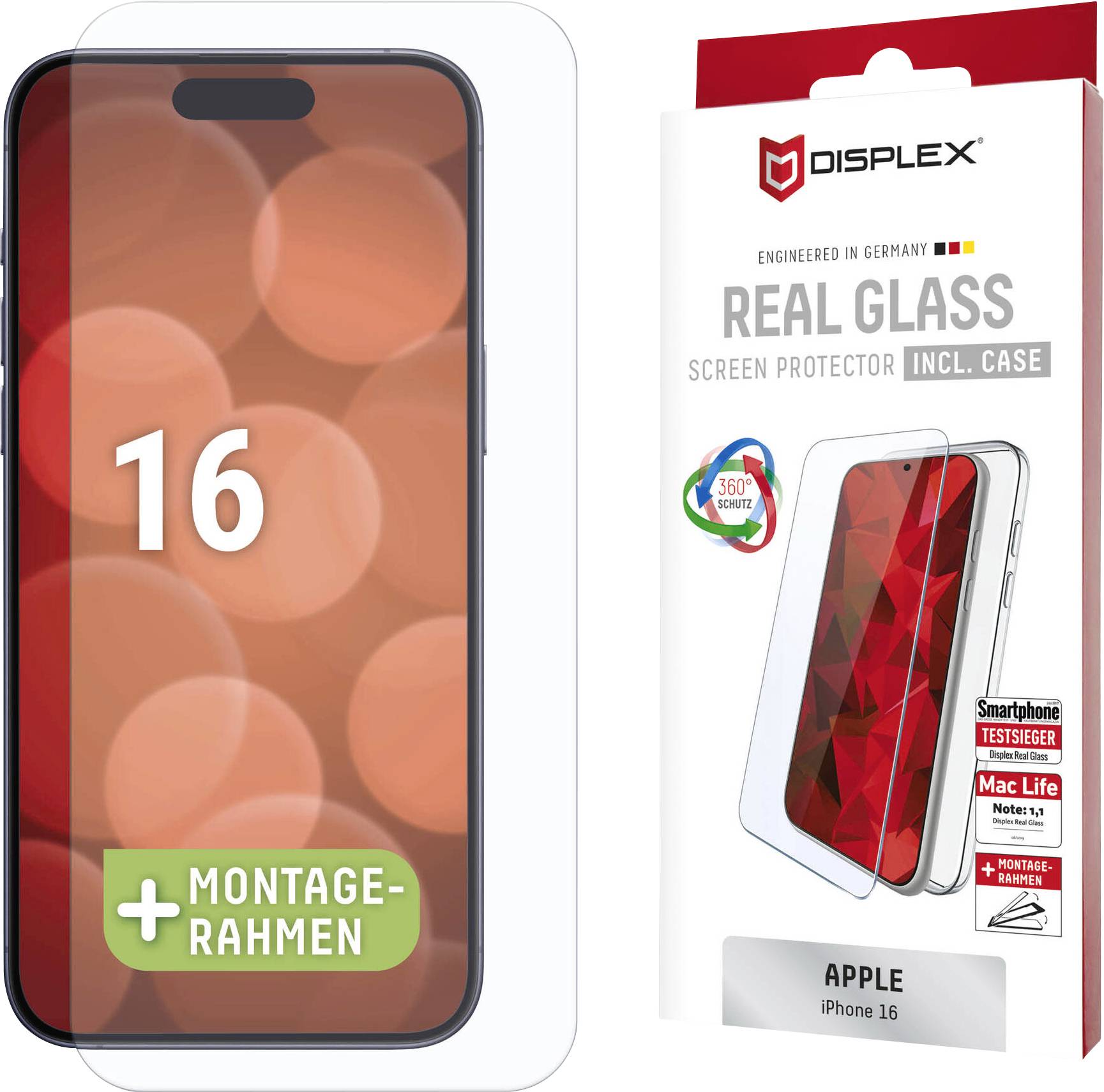„iPhone 16" Displayschutzfolie aus gehärtetem Glas von Displex, mit transparentem Installationsrahmen und Telefondarstellung auf der Verpackung.