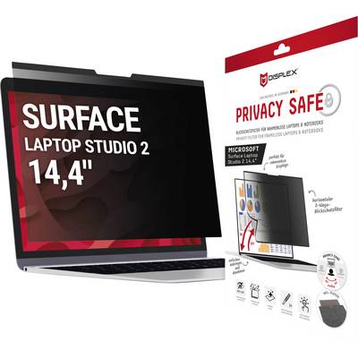 Datenschutzfilter für "Surface Laptop Studio 2, 14,4"". Neben dem Laptop angezeigt, auf dem Diagramme und Grafiken dargestellt werden. Blockiert Seitenansichten und erhöht die Datensicherheit.