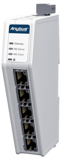 Ein hoher, rechteckiger Anybus-Netzwerkswitch mit mehreren Ethernet-Ports, beschriftet für Gateway-, MB-Server- und MB-Client-Funktionen.