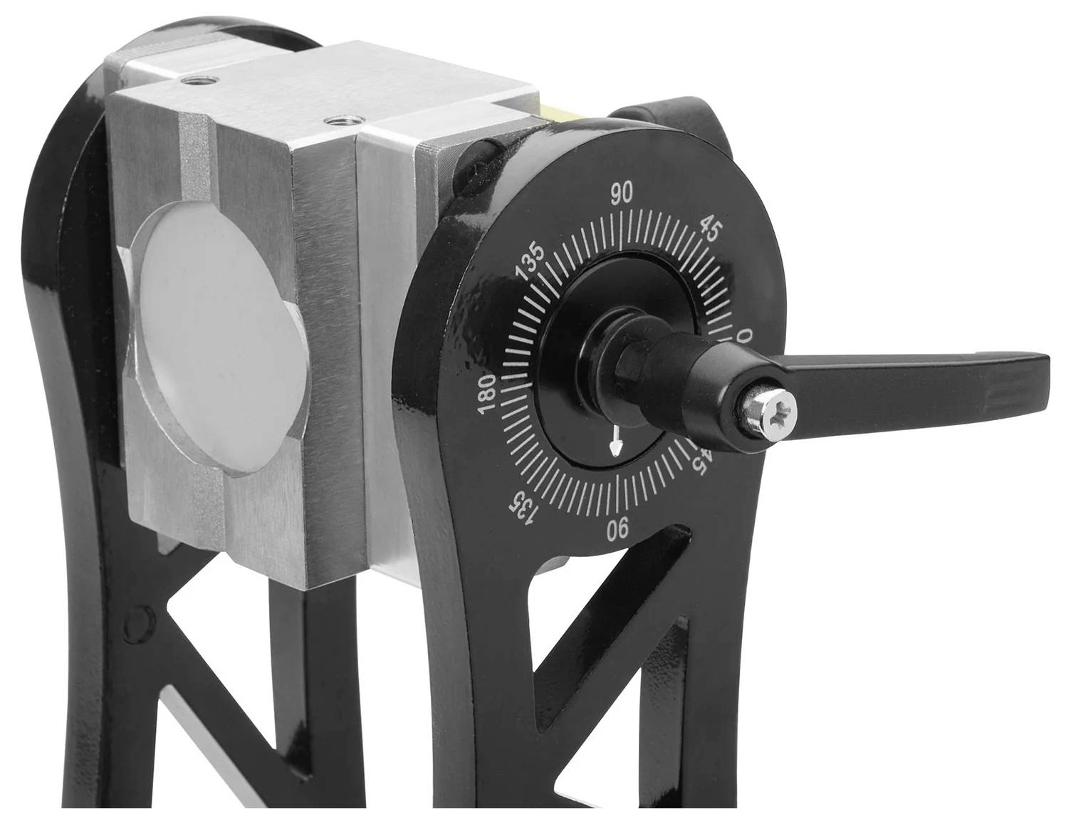 Ein mechanisches Gerät mit einem rotierenden Griff und einem markierten Zifferblatt, das Winkel von 0 bis 180 Grad anzeigt und für präzise Einstellungen verwendet wird.