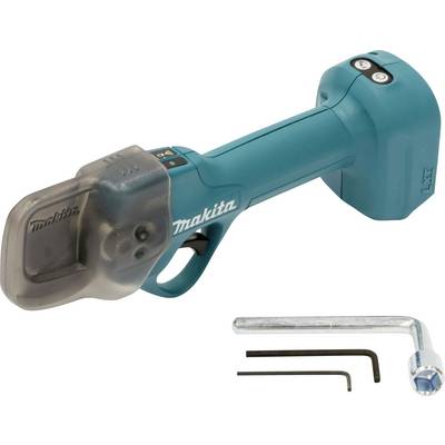 „Makita" kabelloses Elektrowerkzeug mit Schutzvorrichtung, zwei Sechskantschlüsseln und einem Steckschlüssel darunter, auf weißem Hintergrund.