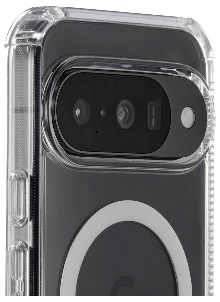 Nahaufnahme eines Smartphones in einem transparenten Gehäuse, die den hinteren Kameraaufbau mit zwei Objektiven und einem kreisförmigen Design auf der Rückseite hervorhebt.