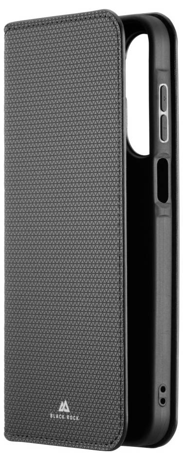 Schwarze strukturierte Handyhülle mit klappbarem Deckel und präzisen Aussparungen für Tasten und Kamera. Mit 'Black Rock' Logo am unteren Rand versehen.