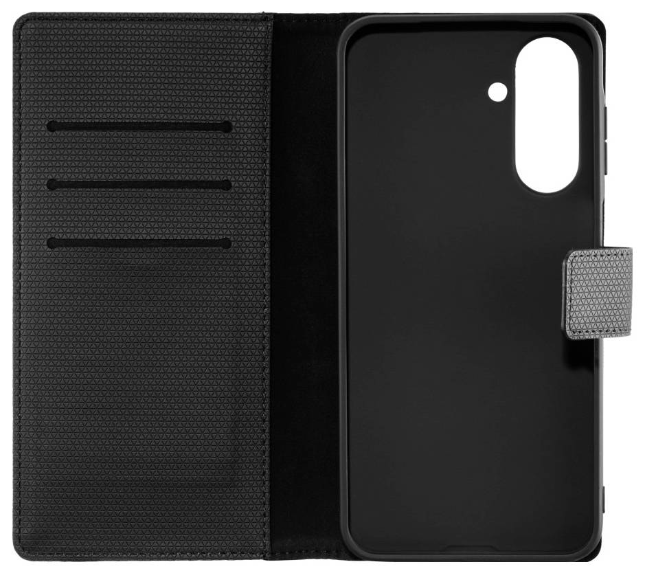 Eine schwarze Handy-Geldbörse mit Fächern für Karten und einer strukturierten Verschlussklappe wird geöffnet, wobei die inneren Fächer sichtbar sind.