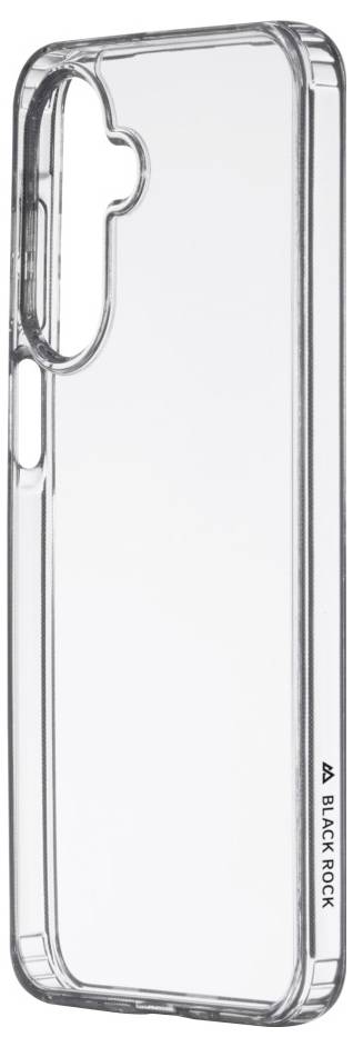 Transparente Handyhülle mit verstärkten Kanten und einem kleinen 'Black Rock' Logo an der Seite. Geeignet für ein schlankes Smartphone mit Dual-Kamera.