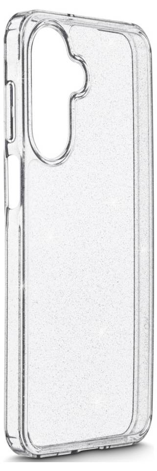 Eine durchsichtige, glitzernde Smartphone-Hülle mit einer Aussparung für die Kamerapositionierung, die darauf ausgelegt ist, das Design des Telefons zu schützen und gleichzeitig zu präsentieren.