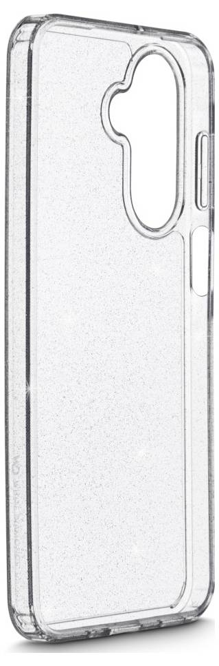 Transparente Glitzer-Handyhülle mit abgerundeten Kanten und präzisen Ausschnitten für Kamera und Tasten.