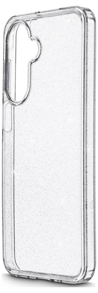 Transparente Handyhülle mit strukturiertem Design, mit Aussparungen für Kamera und Tasten, aufrecht auf weißem Hintergrund positioniert.