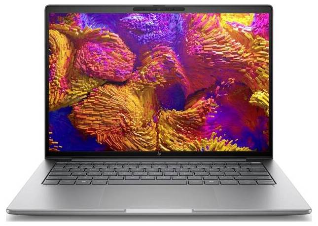 Ein Laptop mit offenem Bildschirm zeigt ein buntes, abstraktes Kunstwerk mit dominierenden Gelb-, Orange- und Pinktönen.