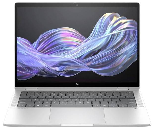 Ein silberner Laptop mit geöffneter Tastenfläche zeigt auf dem Bildschirm ein farbenfrohes, abstraktes Wellenmuster vor schwarzem Hintergrund.