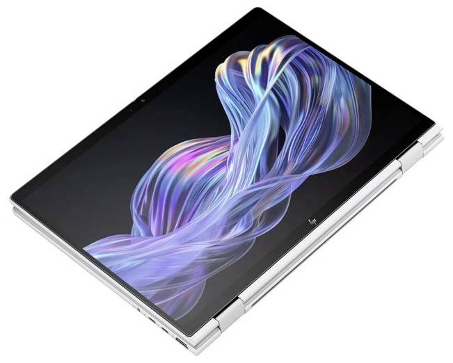 Ein umklappbarer Laptop mit einem hellen, abstrakten Hintergrund auf dem Bildschirm. Der Laptop ist in silberner Farbe gehalten.