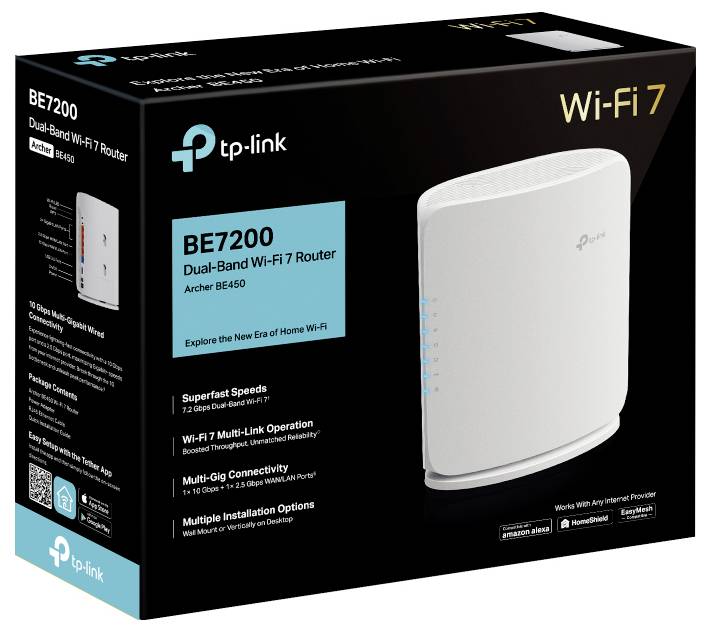 TP-Link BE7200 Dual-Band Wi-Fi 7 Router - Verpackung, die das Gerät und Funktionen wie superschnelle Geschwindigkeiten, Wi-Fi 7 und Multi-Link-Operation zeigt.
