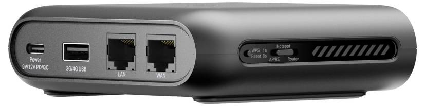 Ein kompakter schwarzer Router mit USB-C-, USB-, LAN- und WAN-Anschlüssen auf der Rückseite. Die Seite verfügt über Tasten für Zurücksetzen und Modusauswahl.