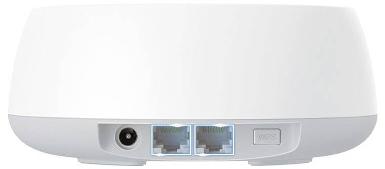 Ein weißer drahtloser Router mit zwei Ethernet-Anschlüssen, einem Stromeingang und einer WPS-Taste auf der Rückseite.