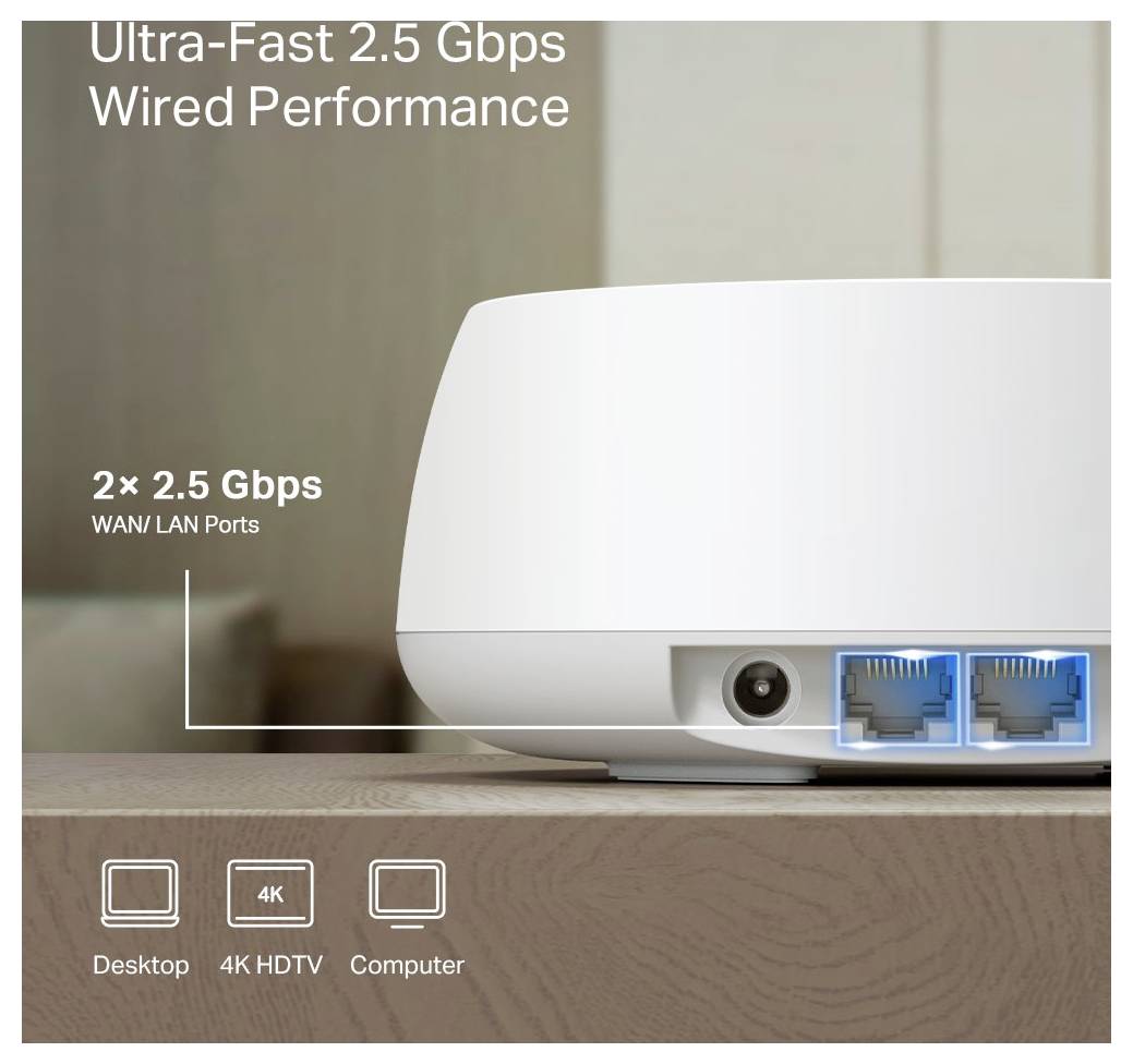 Eine Nahaufnahme eines Routers, die seine beiden 2,5-Gbps-WAN/LAN-Anschlüsse hervorhebt und dabei die ‚Ultra-schnelle 2,5-Gbps-Kabelgebundene Leistung' für Desktop, 4K-Fernseher und Computernutzung betont.