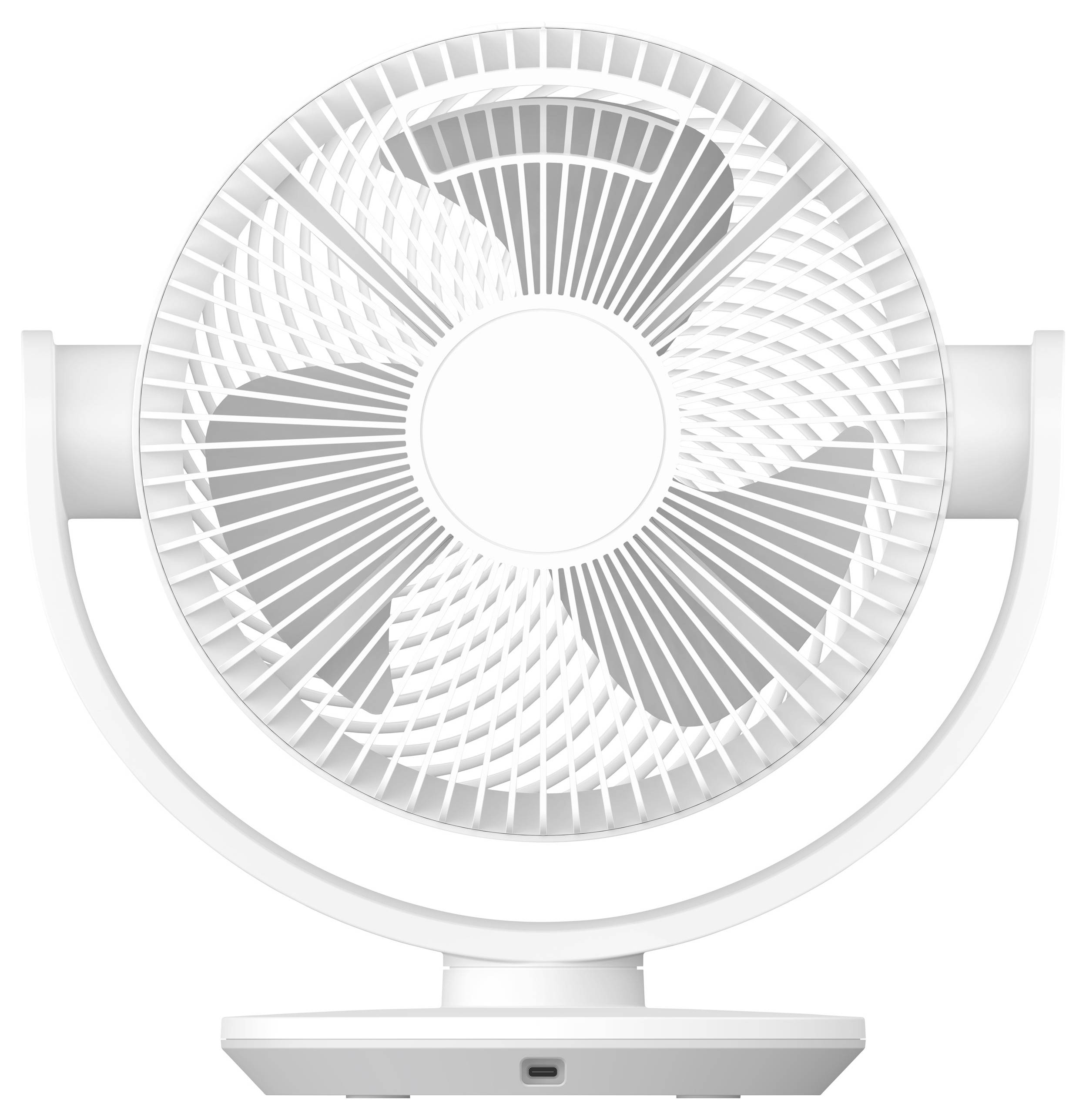 Ein moderner, weißer Tischventilator mit kreisförmigem Design und drei Flügeln wird von vorne gezeigt, wobei sein minimalistischer Stil hervorgehoben wird.