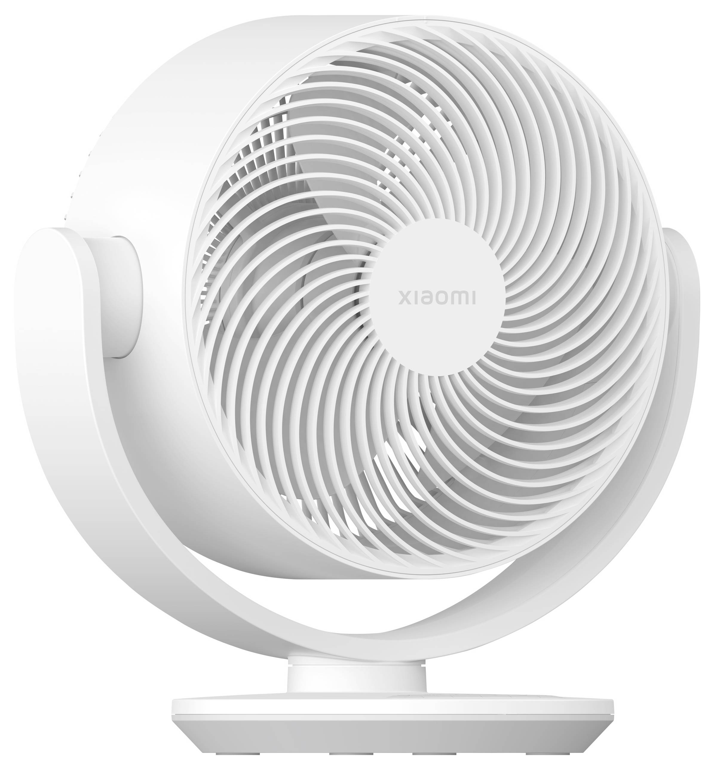 Ein weißer oszillierender Schreibtischventilator mit kreisförmigem Lüftungsdesign und dem Markennamen 'xiaomi', der vor einem einfarbigen Hintergrund positioniert ist.