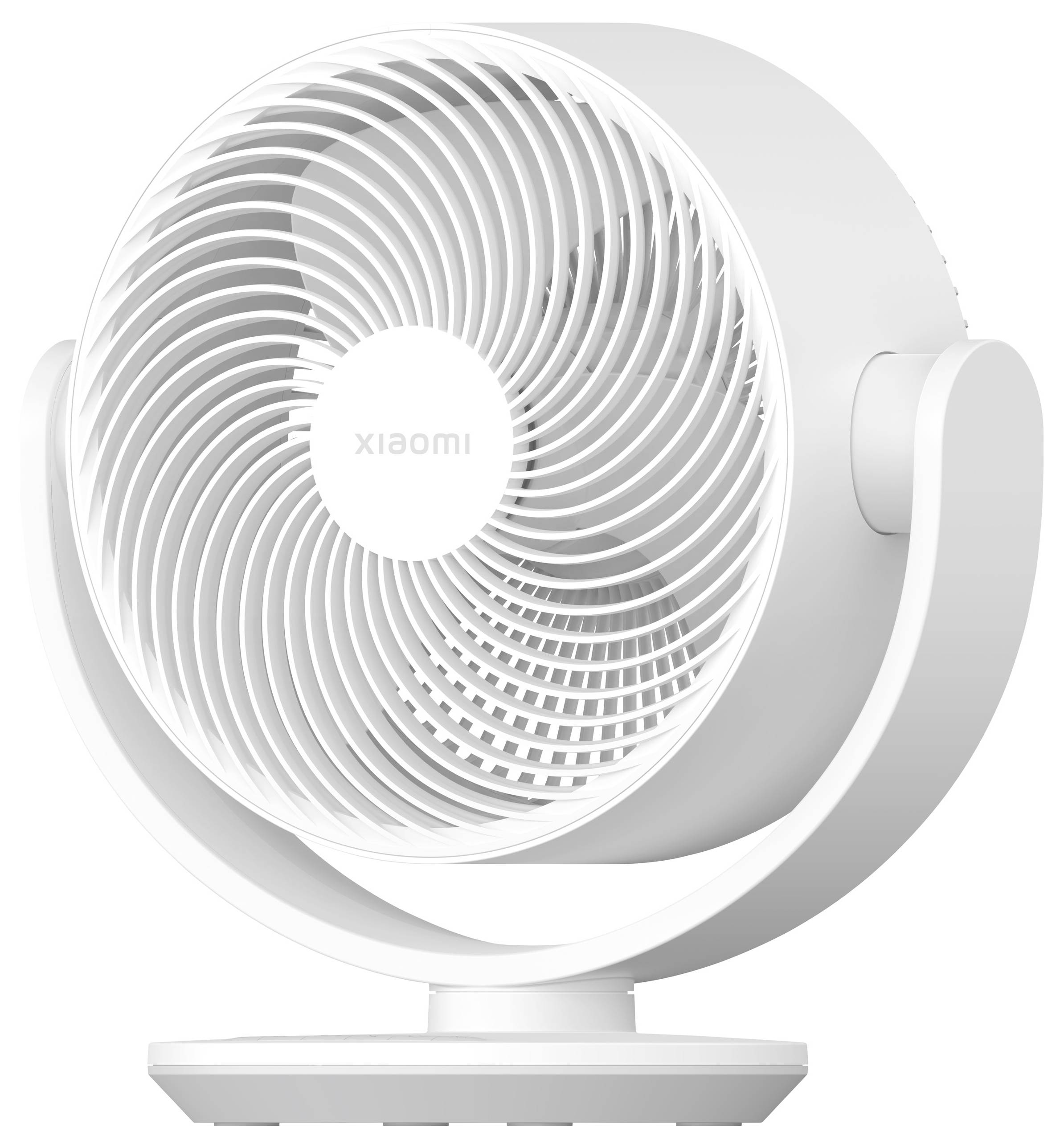 Ein weißer Schreibtischventilator mit rundem Schutzgitter und verstellbarer Neigung, konzipiert für den Heimgebrauch. Der Markenname 'xiaomi' ist auf der Vorderseite sichtbar.